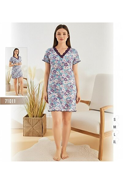 turkish Women's floral nightgown with a V-neck and short sleeves with a ruffl...