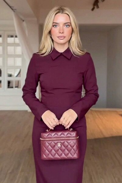 ZISHAN Kadın Gömlek Yaka Uzun Kollu Midi Boy Elbise - Ofis Şıklığı Dar Kesim ...