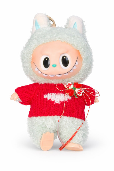 OEM Breloc de pluș - tip Labubu cu mărțișor - 15 cm - purtând un tricou roșu ...