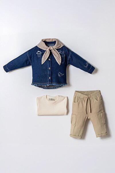 Minigimin Cicileri Cute Figured Denim Shirt 4-Piece Boys' Set - Dark Blue