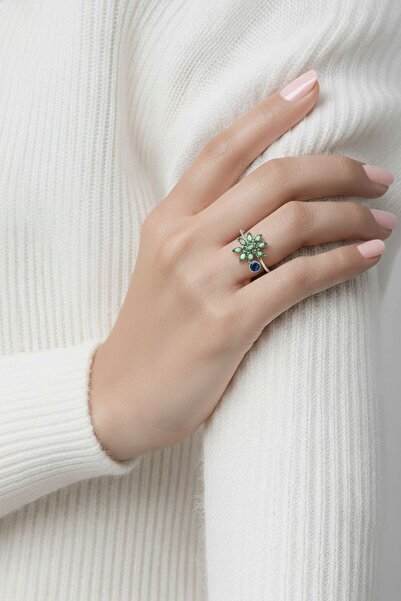 Karya Takı Yeşil Taşlı Çiçek Motifli Yeşil Mavi Taşlı Yüzük