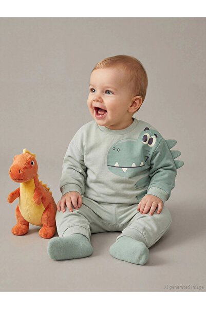 LC Waikiki Lcw Baby Green Dinosaur Printed Baby Boy Tracksuit Set