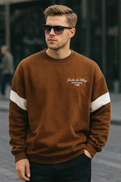 COMBİNE MİCHAİL Erkek Kışlık Baskılı Oversize Kahve Sweatshirt