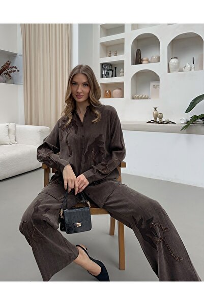 MİA NOURA Women's Shirt with Beaded Embroidery on the Front and Sleeves, Pant...