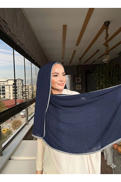 VaVscarfs Muslin Shawl - Piped Muslin Shawl Grey-Navy Blue