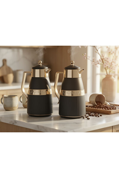 ZALA طقم ترمس مزدوج فاخر باللونين الأسود والذهبي، سعة 2 × 1 لتر - تصميم عصري ...