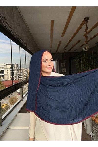 VaVscarfs Muslin Shawl - Piped Muslin Shawl Claret Red-Navy Blue