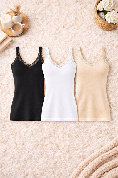 ROZELT Tricou din bumbac modal pentru femei, negru, alb și nude, cu bretele d...