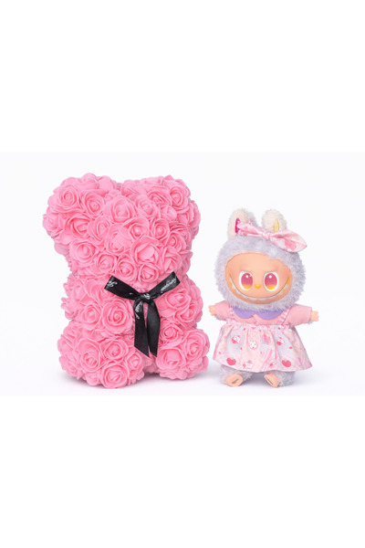 OEM Labubu and Teddy Bear Gift from Roses 25cm with Foam Flowers, in Transpar...
