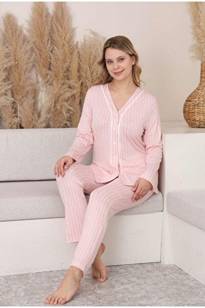 İmaj Limissi Kadın Pembe Çizgili Düğmeli Pijama Takımı