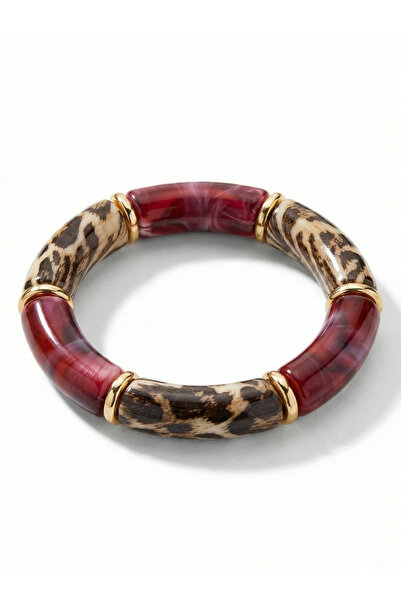 Snartun Burgundy & Leopard Patterned Gold Detailed Elastic Women's Bracelet I...