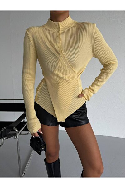 Evim Sepeti Modern Cut Mock Neck Asymmetrical Corded Fabric Blouse