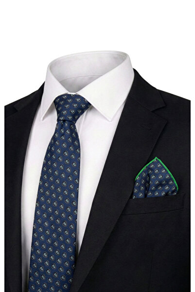 Bursa İpek Navy Blue Patterned Silk Tie Set