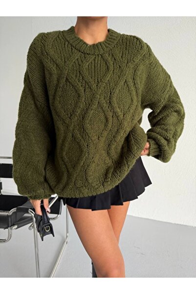 Evim Sepeti Oversized Khaki Green Knit Sweater with Diamond Pattern