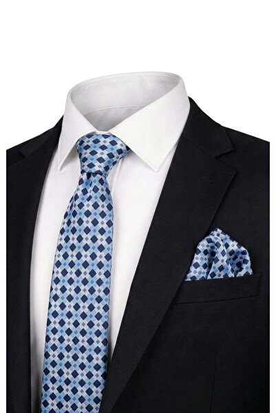 Bursa İpek Blue Patterned Silk Tie Set