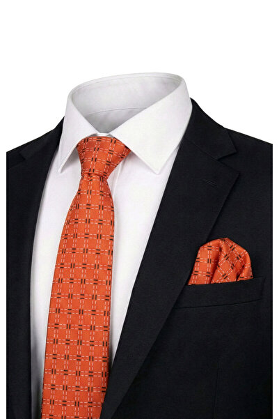 Bursa İpek Orange Patterned Silk Tie Set