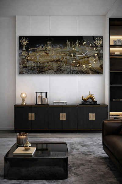 Olinpa KIRILMAZ CAM DUVAR SAATİ , HEM TABLO HEM SAAT KÂBE MANZARALI DUALI ŞIK...