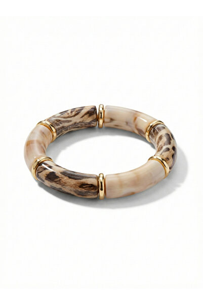 Snartun Beige & Leopard Marble Patterned Gold Detailed Elastic Women's Bracel...