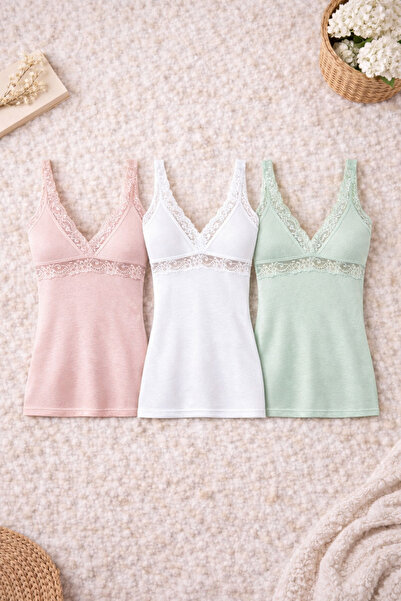 ROZELT Tricou cu bretele din bumbac modal, lycra și dantelă, pentru femei, pa...