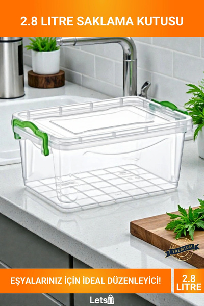 Letsii Büyük Boy Şeffaf Yeşil Klipsli Kapaklı 2.8 Litre Çok Amaçlı Gıda Sakla...