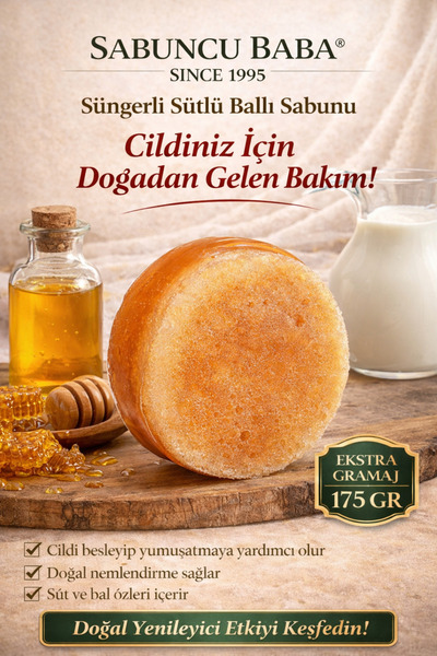 SABUNCU BABA Ballı Sütlü Süngerli Doğal Sabun 175 Gr. Cildiniz İçin Doğadan G...