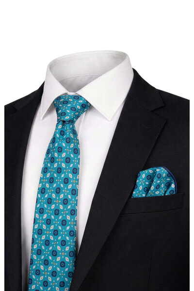 Bursa İpek Turquoise Patterned Silk Tie Set