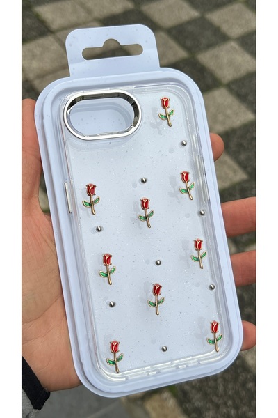 EDELFU iPhone 16E - Glittery Red Rose Pattern Transparent Flashy Silicone Pho...