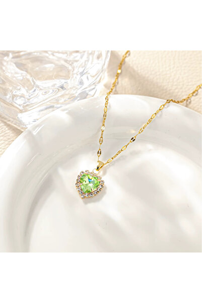Kracer 18K Gold Plated Heart Necklace, with Light Green Zirconia Stones, Stai...