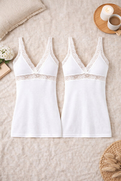 ROZELT Women's Modal Cotton Stretch Fabric Lace Detailed Strappy White 2-Piec...