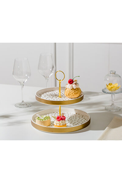 Malooki Suport Prăjituri Etajat din Porțelan, 2 Niveluri, 25 cm - Dotted coll...