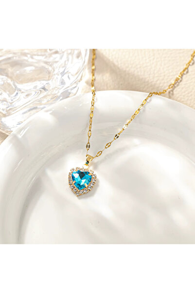 Kracer 18K Gold Plated Heart Necklace, with Light Blue Zirconia Stones, Stain...