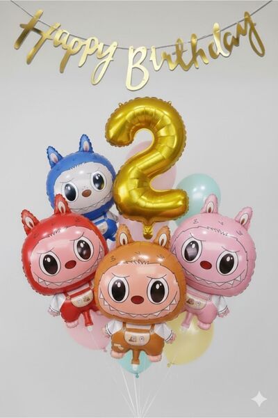 PARTİAVM بالون لابوبو للأطفال بعمر سنتين، بالونات ملونة باللون الأزرق والوردي...