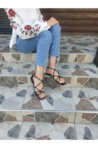 buğrahayalin Black Stringed Piping Women's Sandals - Soft Leather Casual Styl...