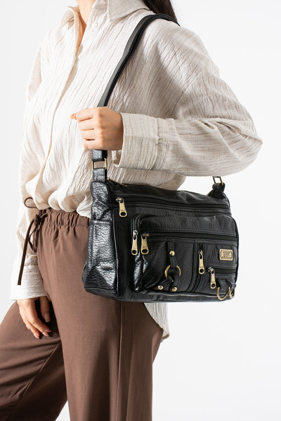 DUOMİNO Black Washed Leather Multi-Pocket Crossbody Bag / Shoulder Bag / Mess...