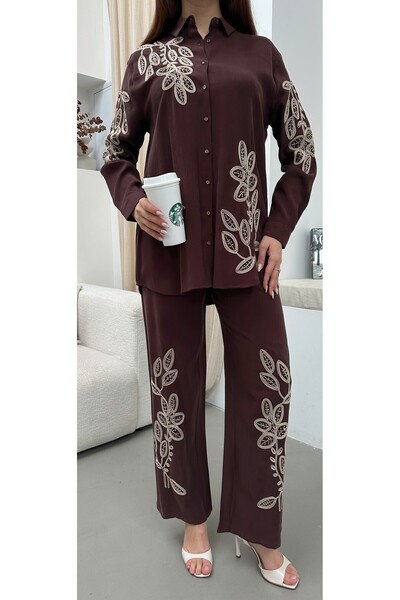 MİA NOURA Women's Shirt with Beaded Embroidery on the Front and Sleeves, Pant...