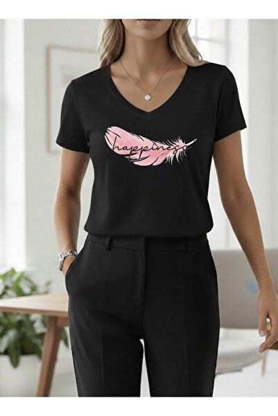 FUFLUNS Happiness Printed Women's Oversize V-Neck T-Shirt