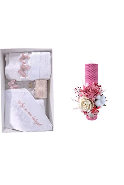 OEM Set trusou pentru botez cu lumânare din ceară naturală, decorată cu flori...