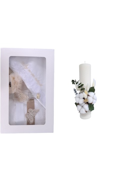 OEM Set trusou pentru botez cu lumânare din ceară naturală, decorată cu flori...