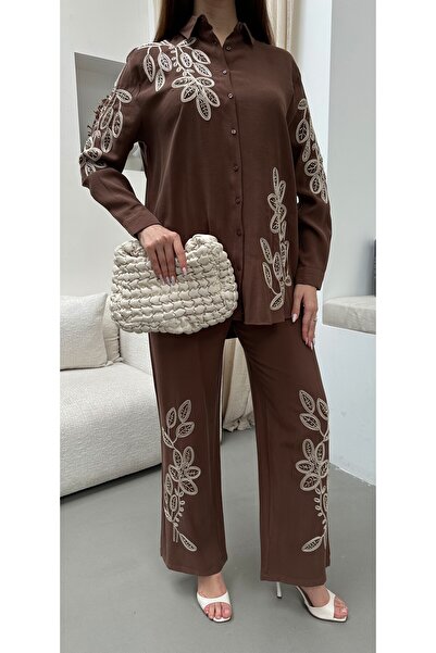 MİA NOURA Women's Shirt with Beaded Embroidery on the Front and Sleeves, Pant...