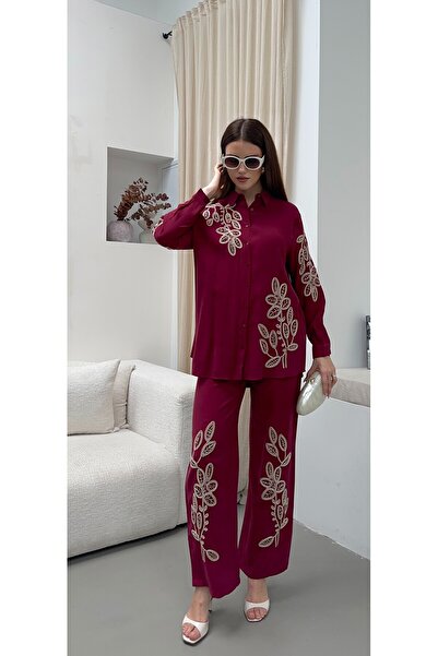 MİA NOURA Women's Shirt with Beaded Embroidery on the Front and Sleeves, Pant...