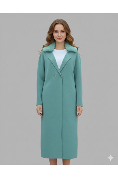 Kirazgym Women's Long Knitted Cardigan with Fur Collar and Buttons - Mint Green