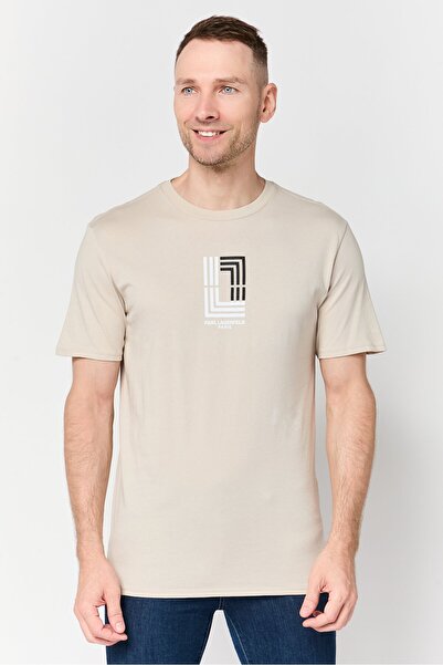 Karl Lagerfeld Men Crew Neck Short Sleeve Graphic Print T-Shirt, Beige