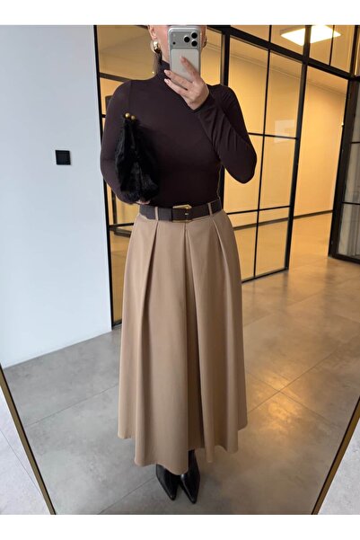 BB Bensu Buyruk Plied Belted Maxi Skirt Camel