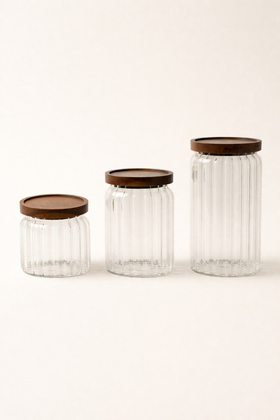 Mirilliahome Acacia Lid Glass Jar Set 3-Piece Vacuum Sealed 650 ml 1000 ml 14...