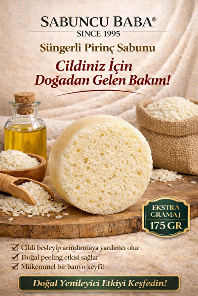 SABUNCU BABA Pirinç Özlü Süngerli Doğal Sabun 175 Gr. Cildiniz İçin Doğal Bakım