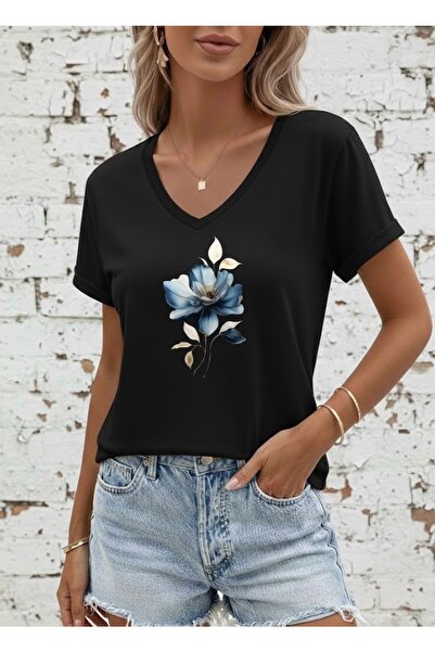 FUFLUNS Leaf Flower Pattern Printed Women's Oversize V-Neck T-Shirt