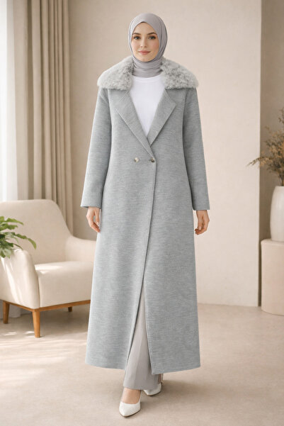 Kirazgym Women's Collar Fur Detailed Buttoned Long Knit Cardigan - Gray