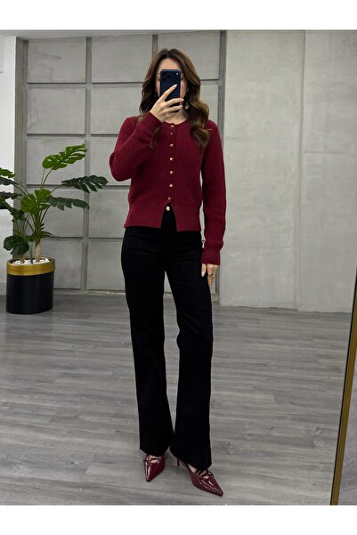 Coral Desenli Düğmeli Yumuşak Hırka 7606 Bordo