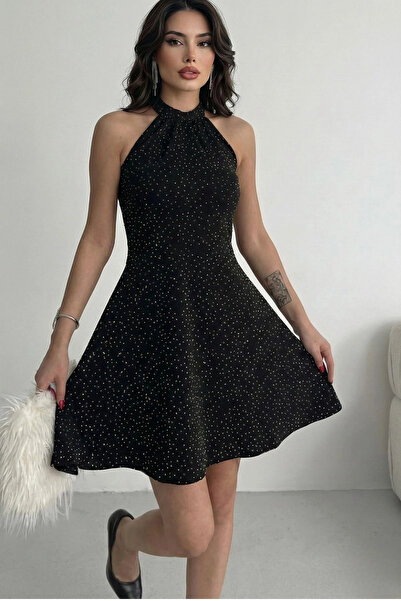 MetuCA Women's Black Glitter Halter Neck Backless Fitted Waist Flared Mini Ev...