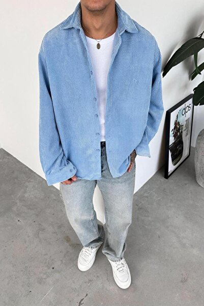 HAFKAGİYİM Βρεφικό μπλε κοτλέ βελούδινο πουκάμισο χαλαρό